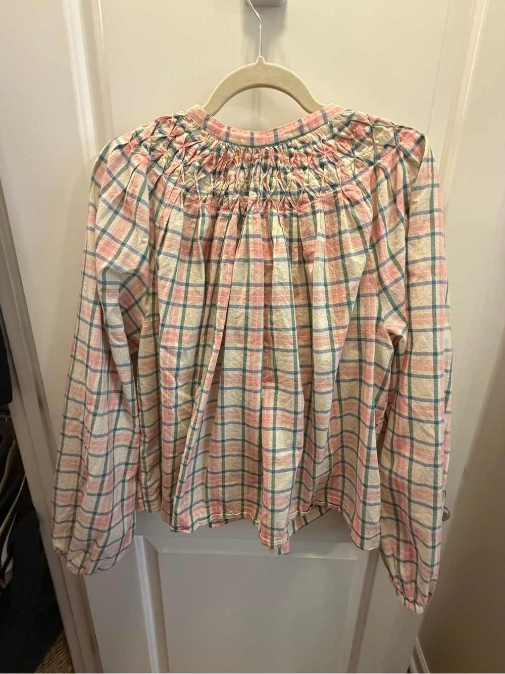 Boden Smocking Detail Blouse in Soft Ivory Pink Check - Picture 4 of 5